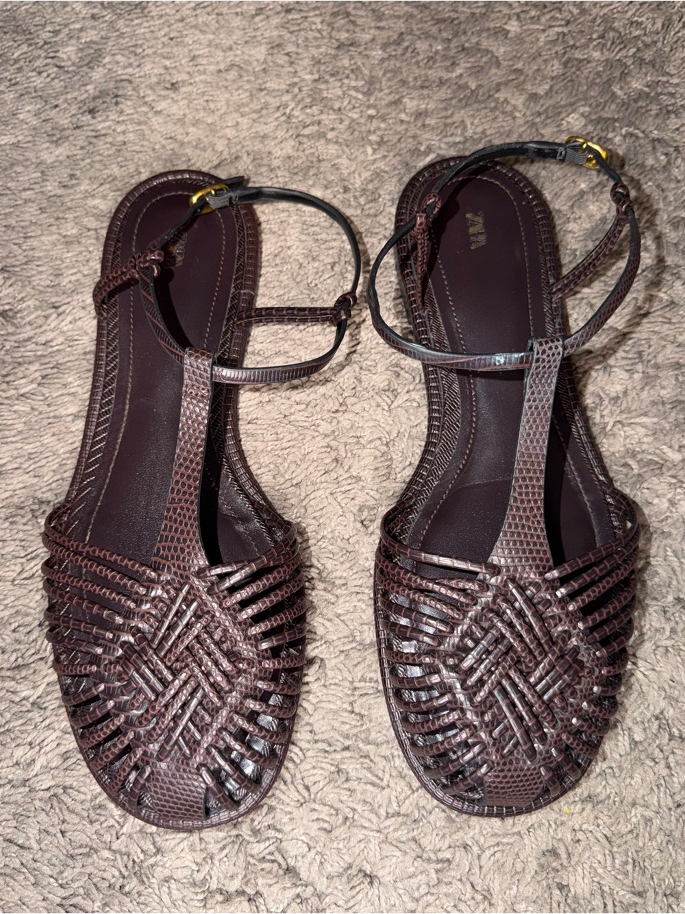 Zara Dark Brown Woven look T-Strap Sandals